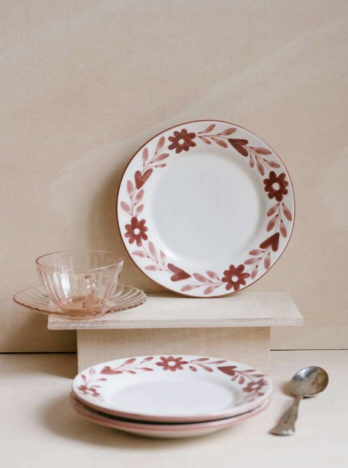 Hand-painted ceramic dessert plate with red flowers