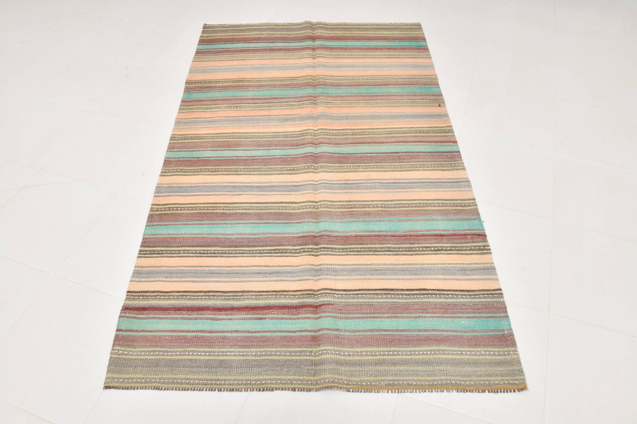 4x7 Pale Orange & Mint Green Striped Wool Kilim Rug, Washable Rug,126x210Cm