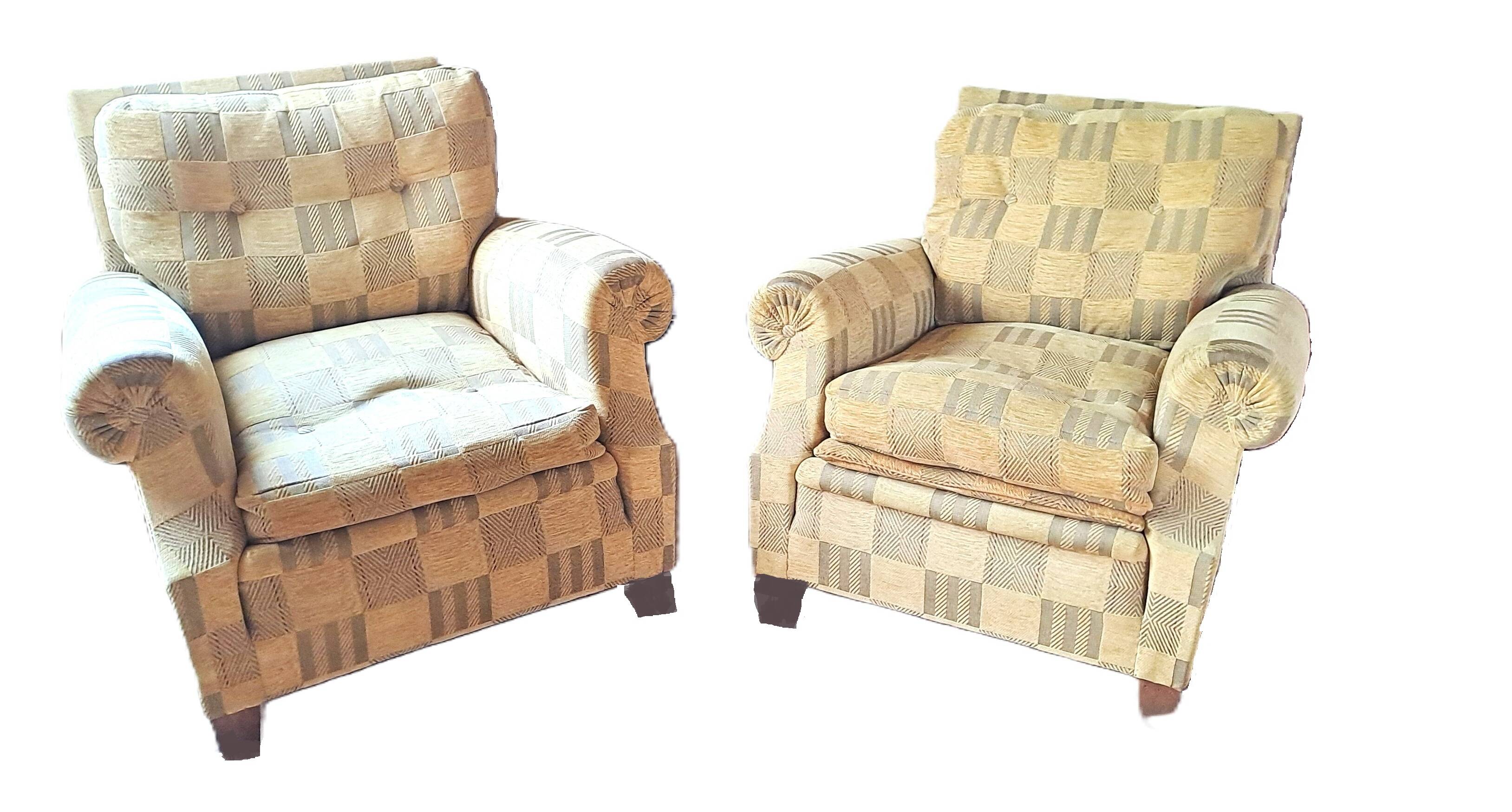 Pair of 1940s CLUB CHAIR style armchairs in velvet check fabric