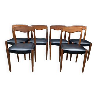 Set of 6 Scandinavian chairs in teak and skai