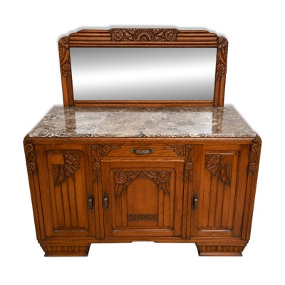 Buffet Art Déco années 30 bois massif, plateau marbre, miroir amovible