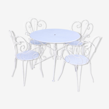 Salon de jardin 1 table 4 fauteuils en fer forgé blanc ancien.
