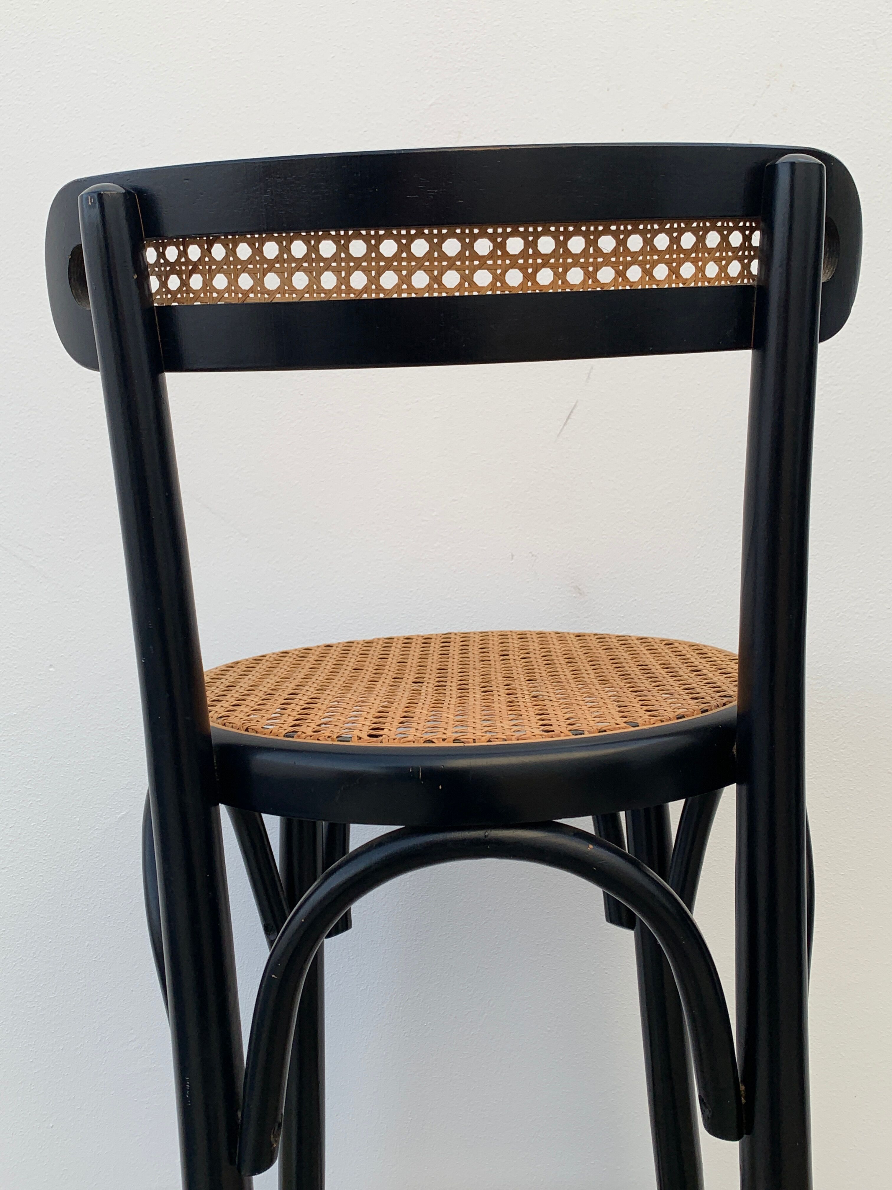 Pair of high canne stools or black curved wooden bar chairs, 1970