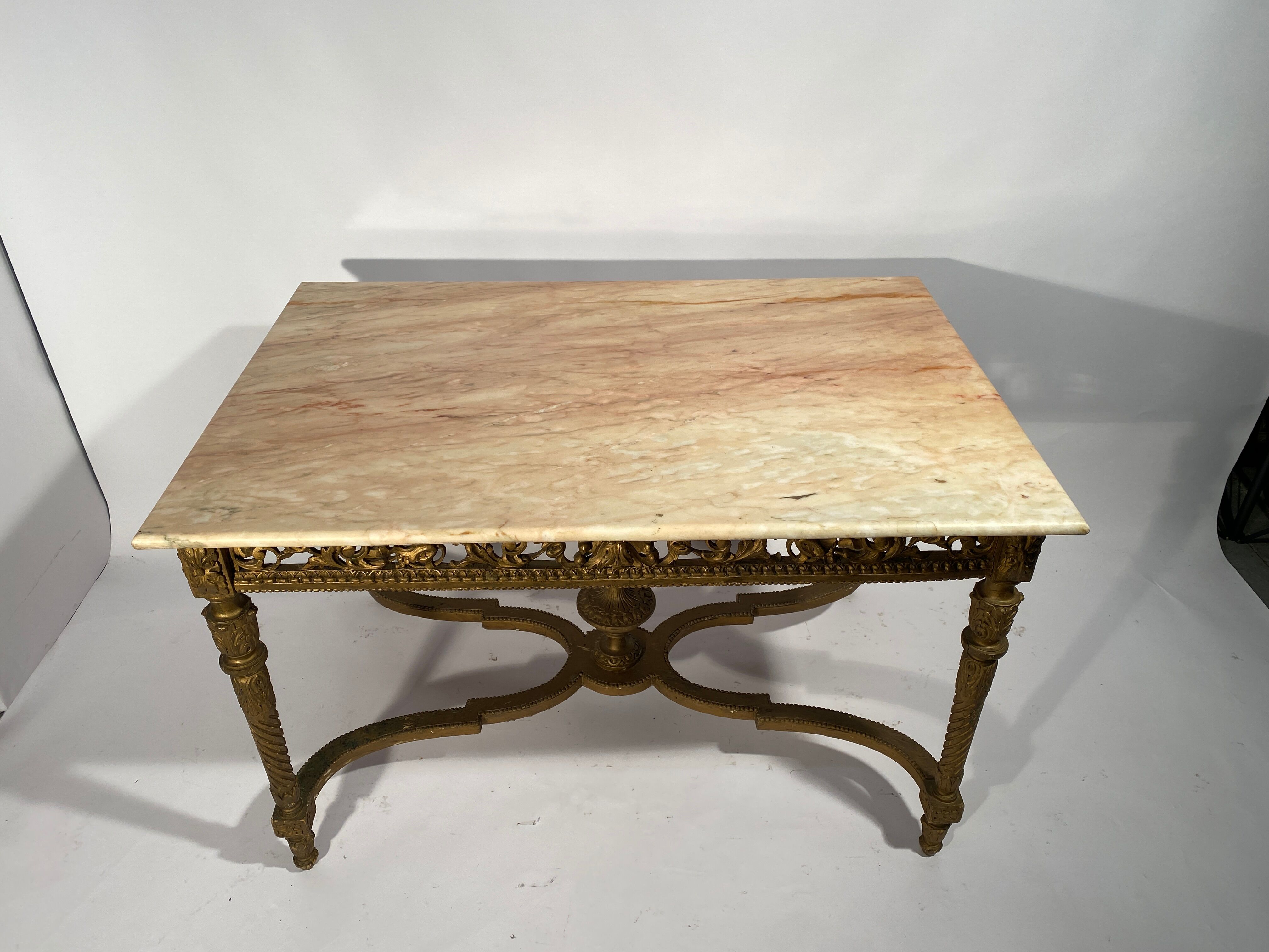 Middle wooden table with green-golden patina Louis XVI style, nineteenth century.