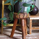 Tabouret d'appoint tripode bois massif Art-populaire vintage