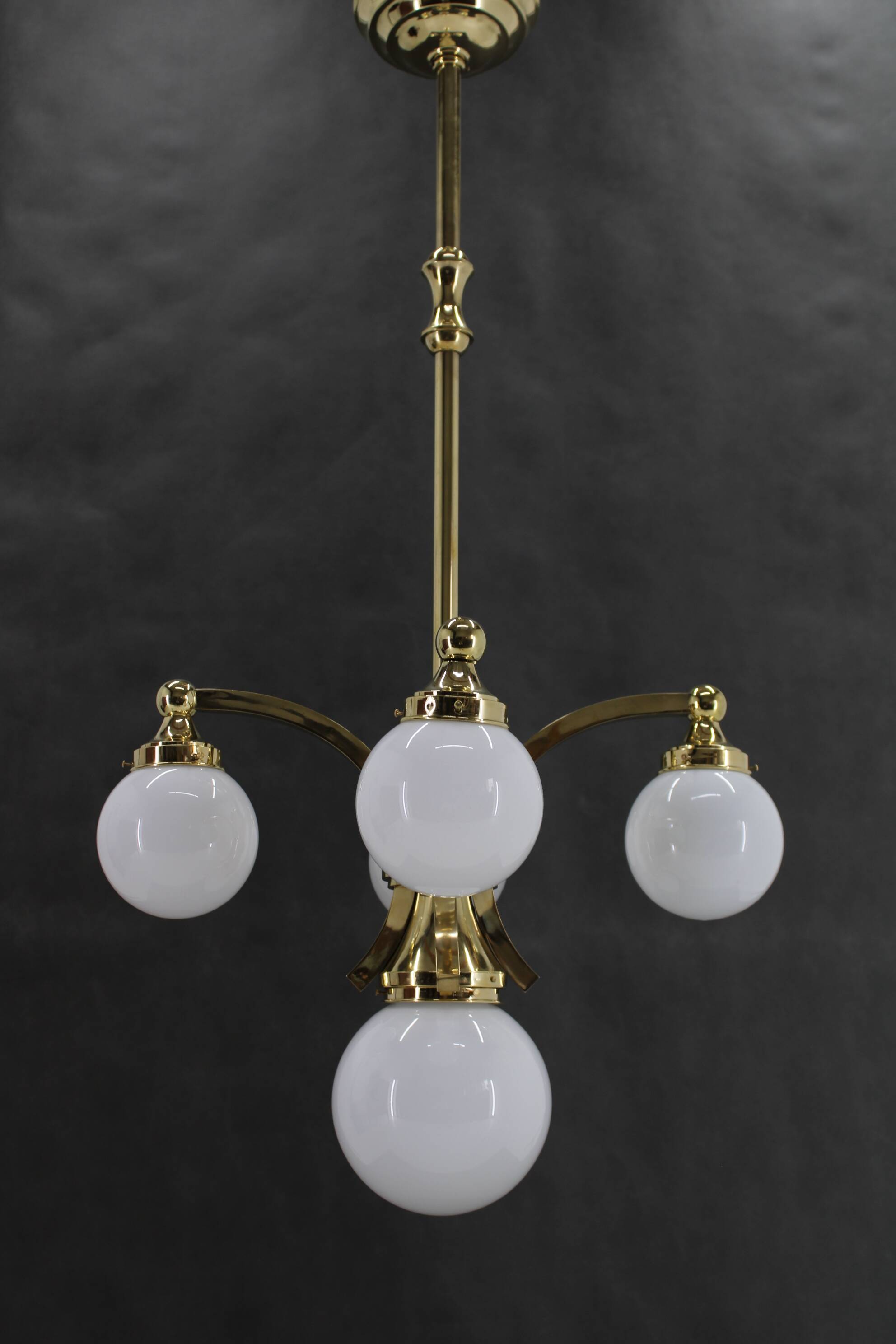 1930s Restored Brass Chandelier, Czechoslovakia