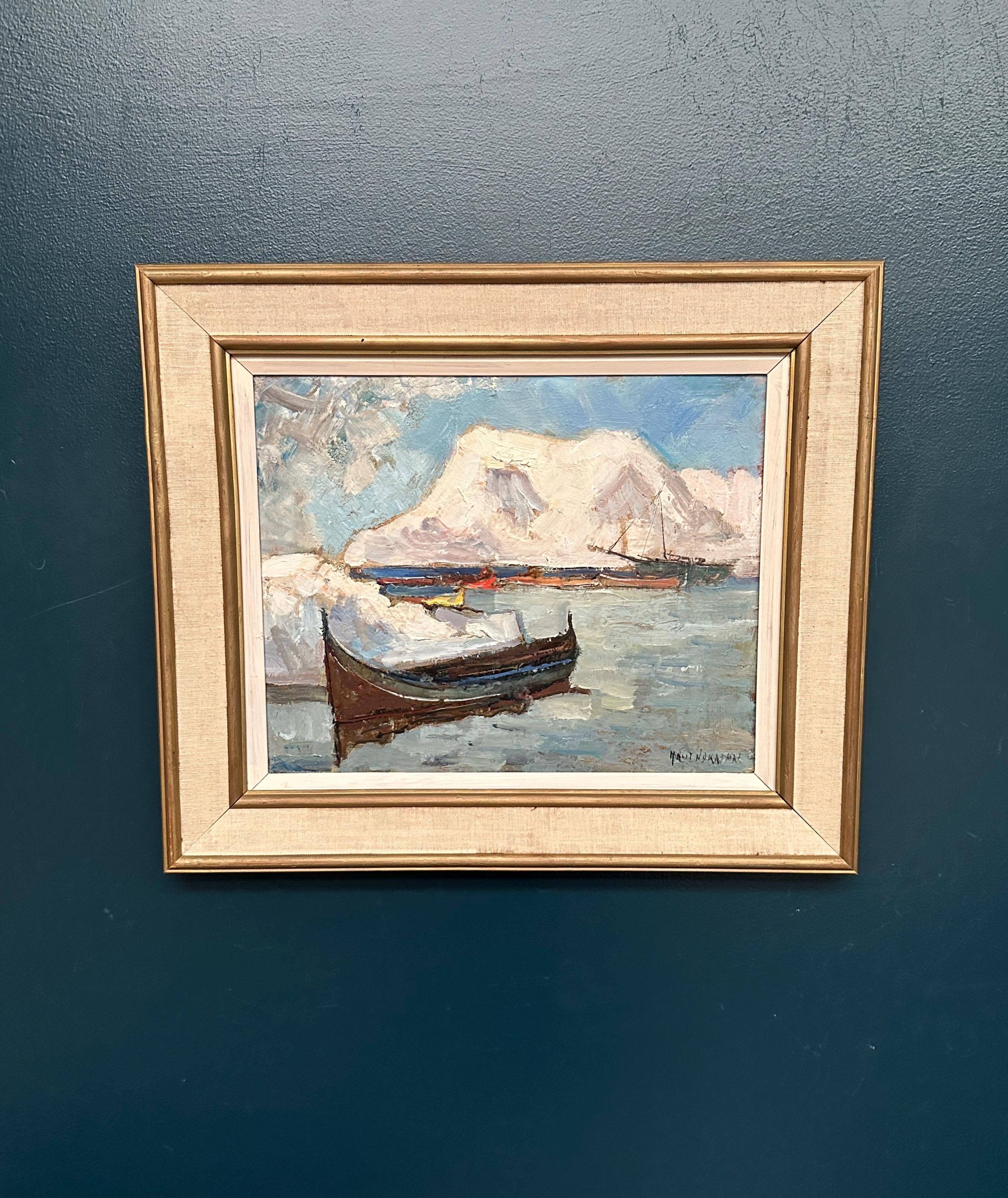 Original Swedish Oil on Panel – “Winter Harbor” by Knut Norman – Signed – Vintage & Framed
