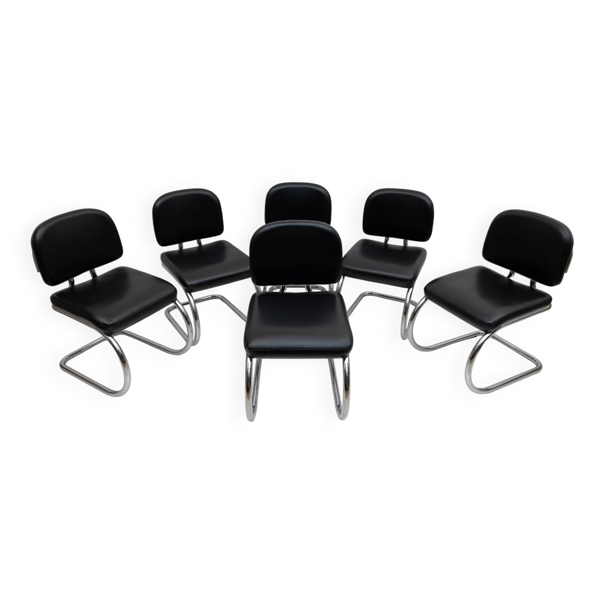 Six of Leatherette and Metal Chromed Cantilever Dining Chairs