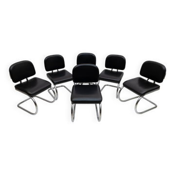 Six of Leatherette and Metal Chromed Cantilever Dining Chairs