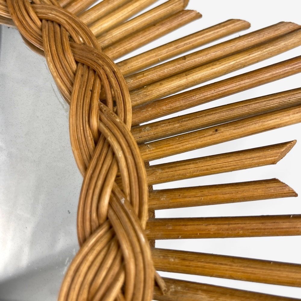 Sun mirror with starry frame wood and wicker 70s