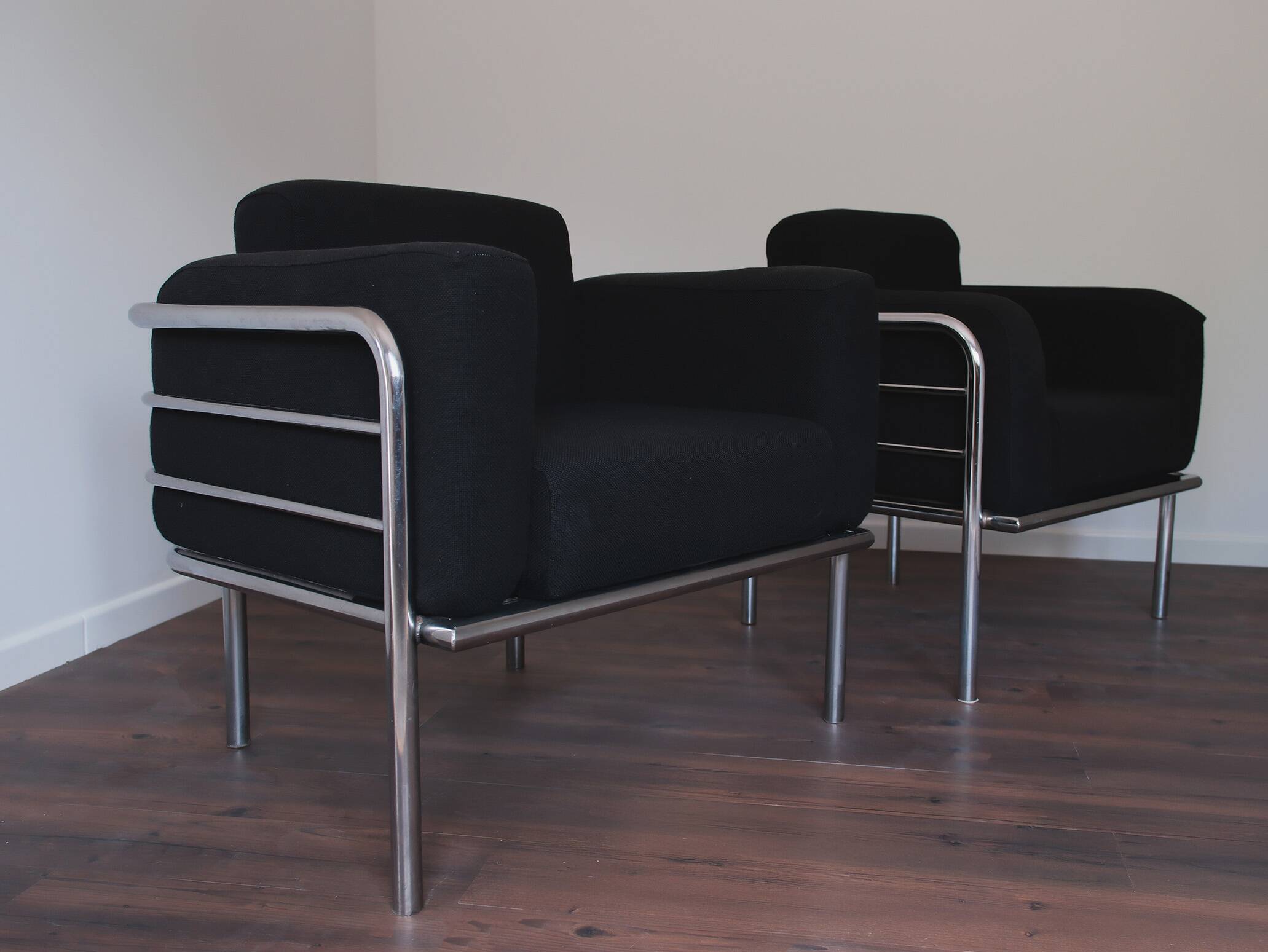 Pair of fabric armchairs – modernist design, circa 1970-80