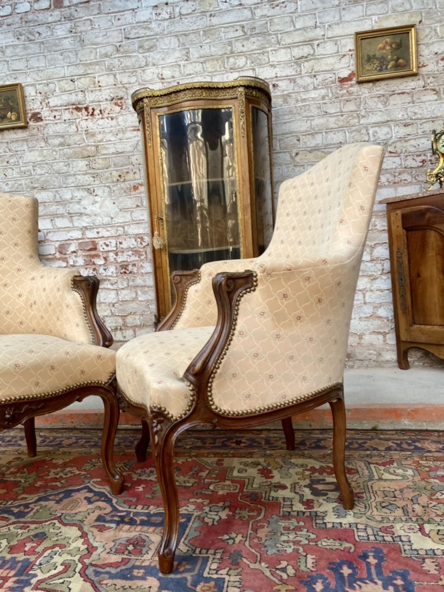 Pair of armchairs in natural wood style Louis XV XIXth