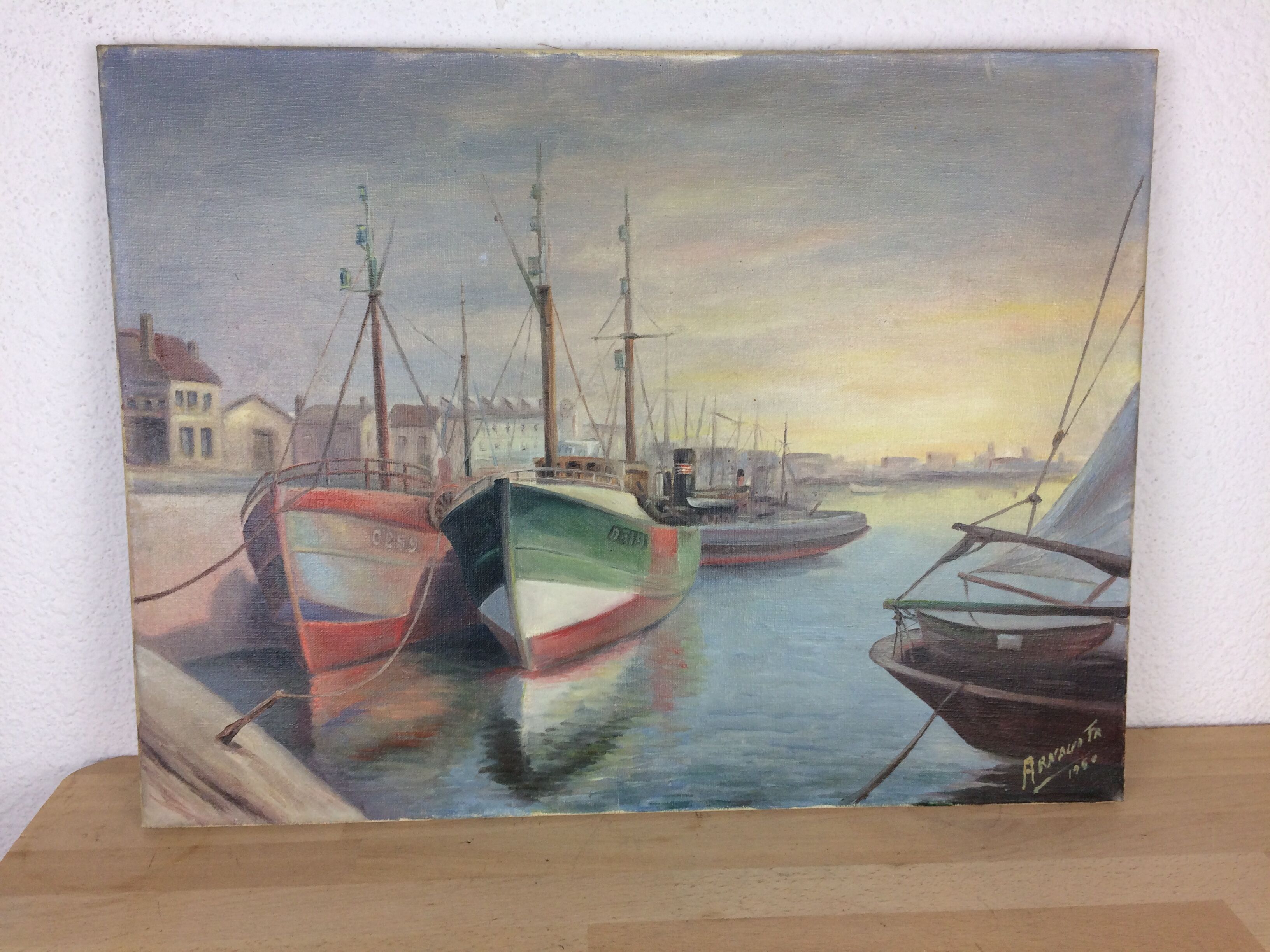 Marine painting, fishing port, oil on canvas