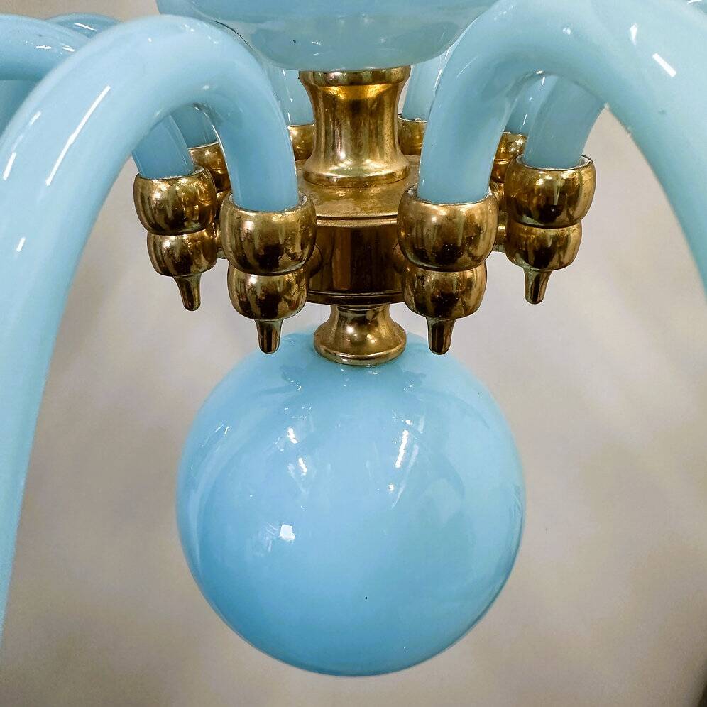 Statement French blue opaline glass chandelier with brass accents, 1960s