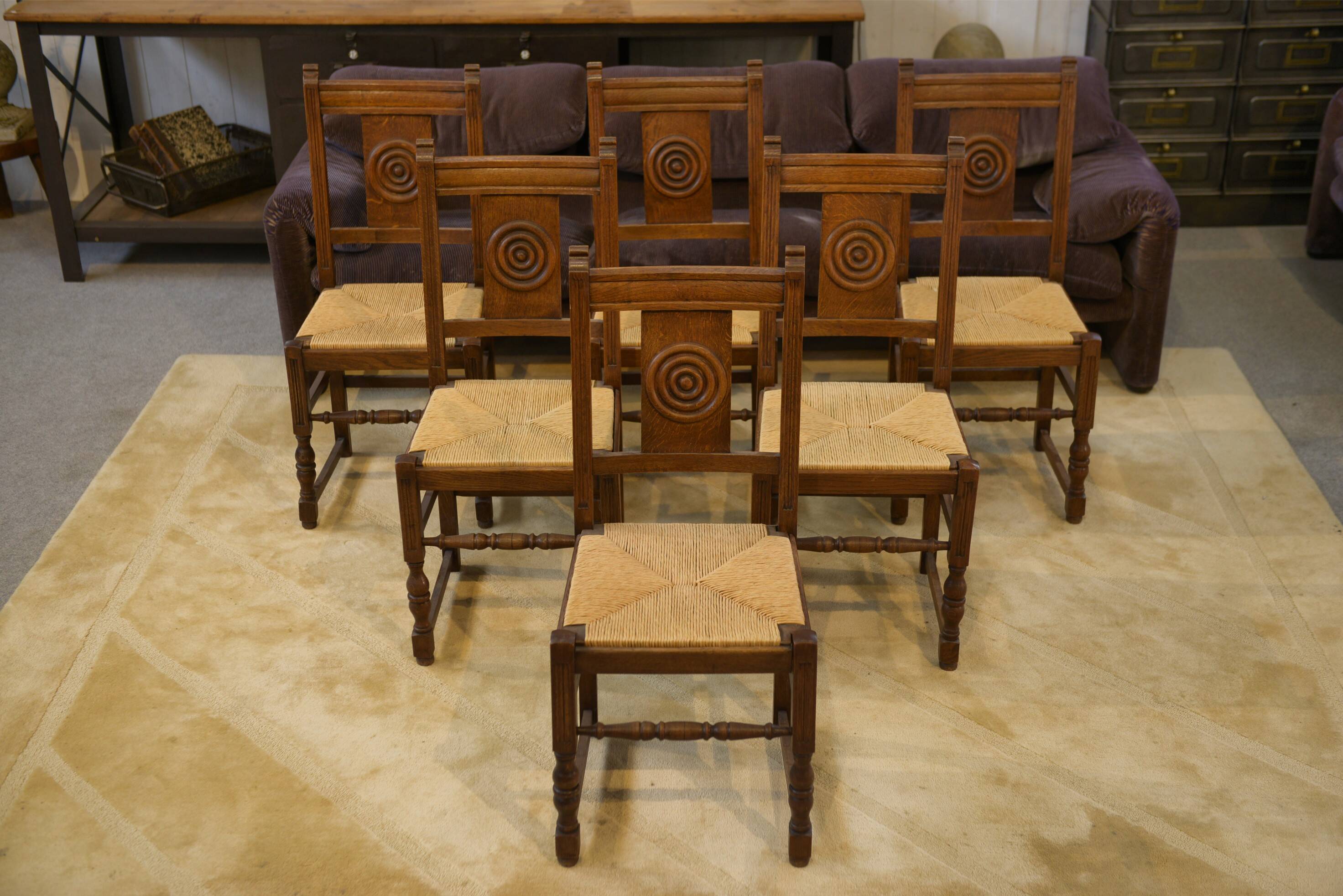 Set of 6 brutalist oak chairs from the 1950s.