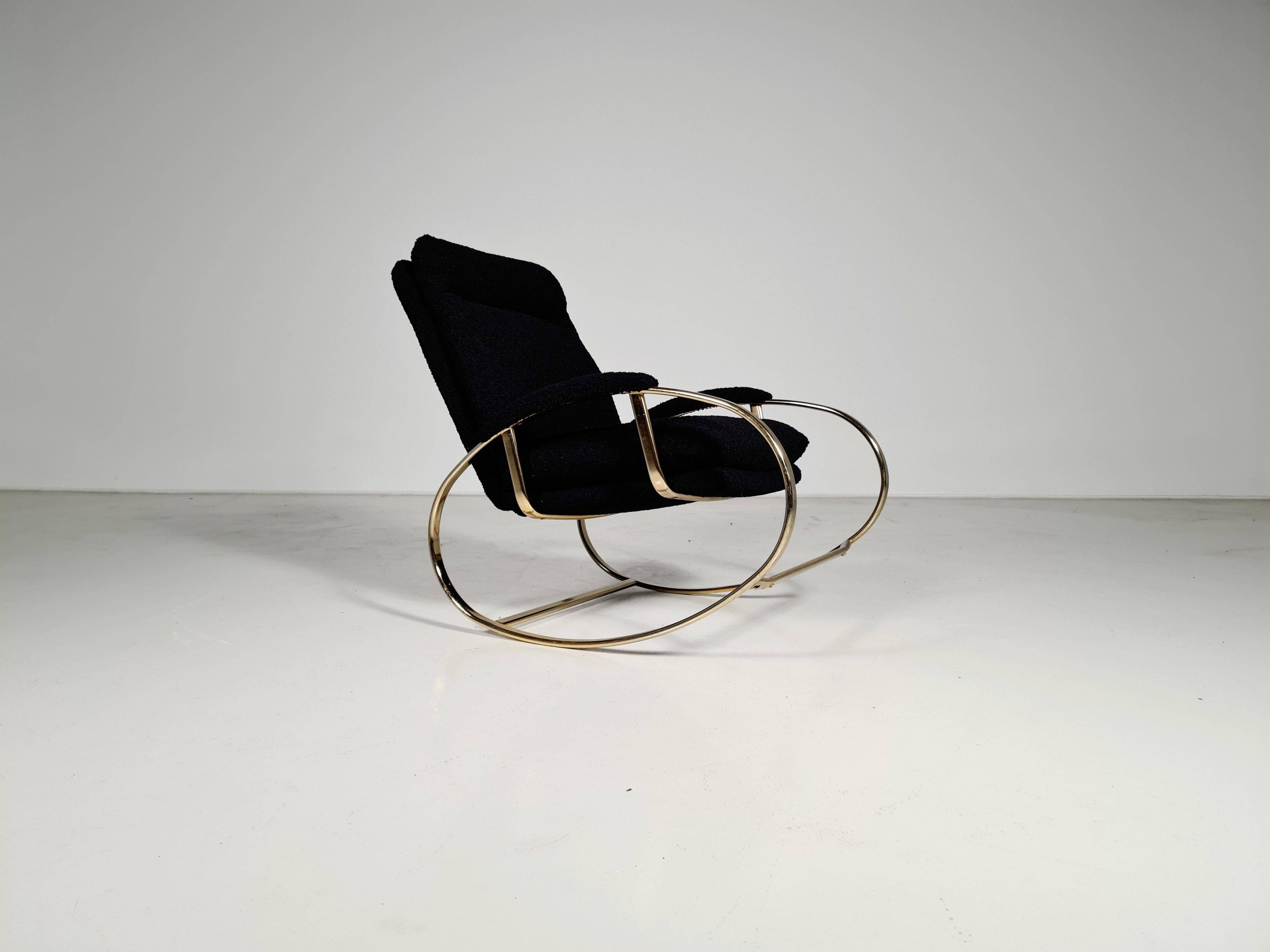 Modern mid-century rocking chair in brass by Guido Faleschini Black Boucle