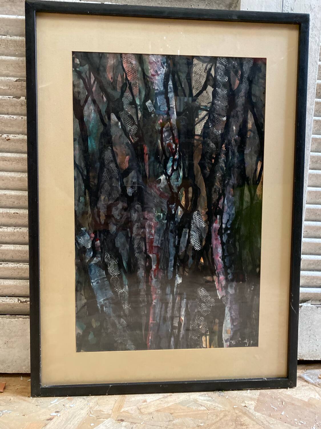 Old Abstract Oil On Paper Signed + Black Wood Frame #B548