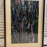Old Abstract Oil On Paper Signed + Black Wood Frame #B548