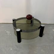 Vintage Italian design round coffee table in chrome and smoked glass.