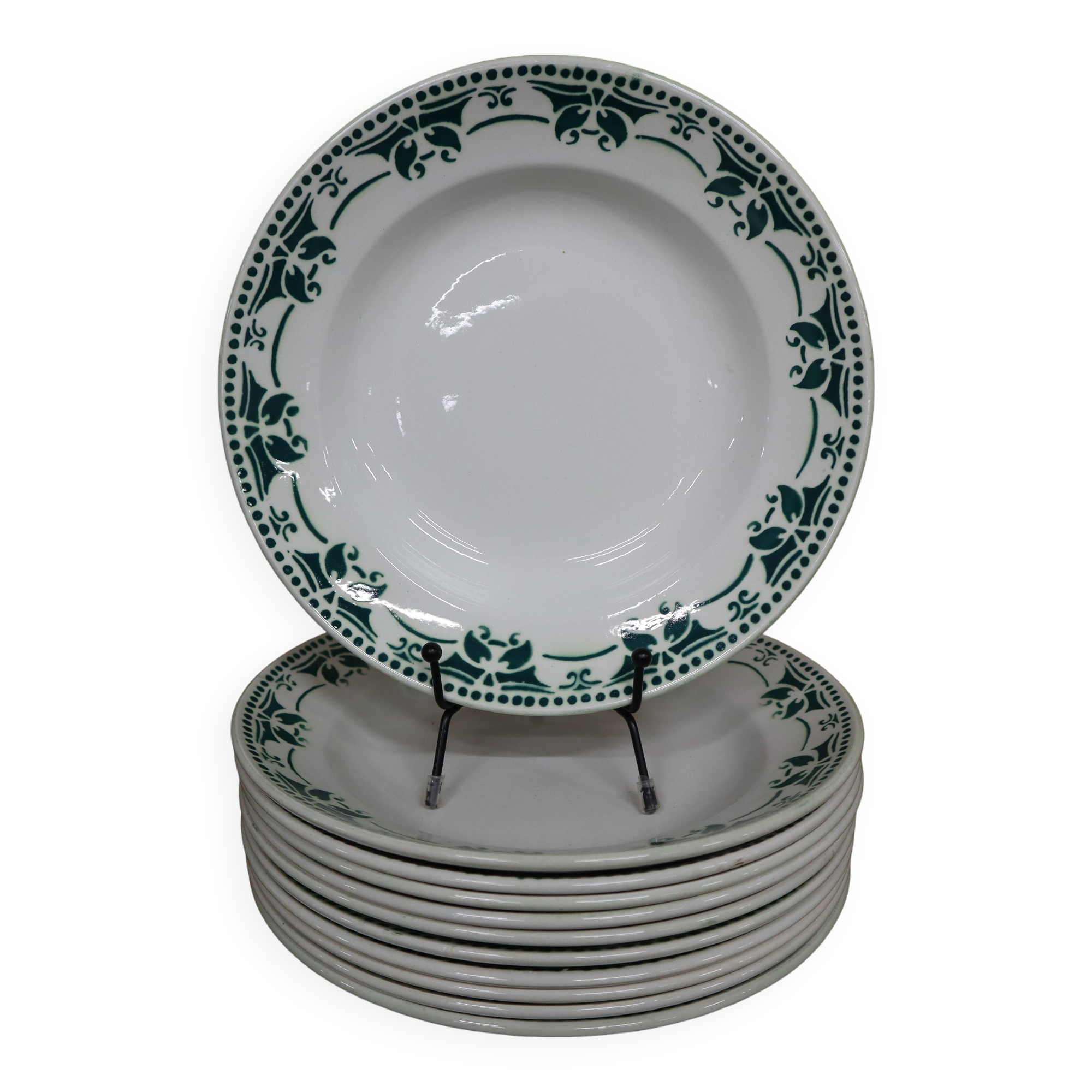 11 white and green earthenware soup plates from Saint Amand Terre de Fer