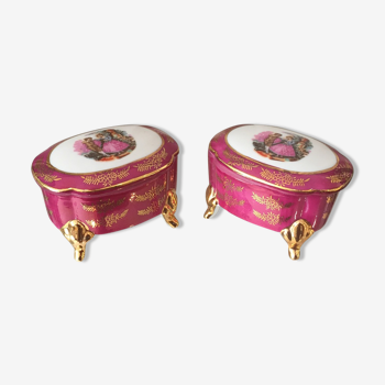 Duo of jewelry boxes on foot in limoges porcelain with romantic decoration