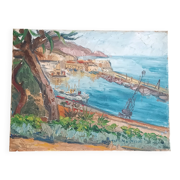 Peinture à l'huile originale marine port de pêches Méditerranée signée 1950