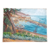 Peinture à l'huile originale marine port de pêches Méditerranée signée 1950