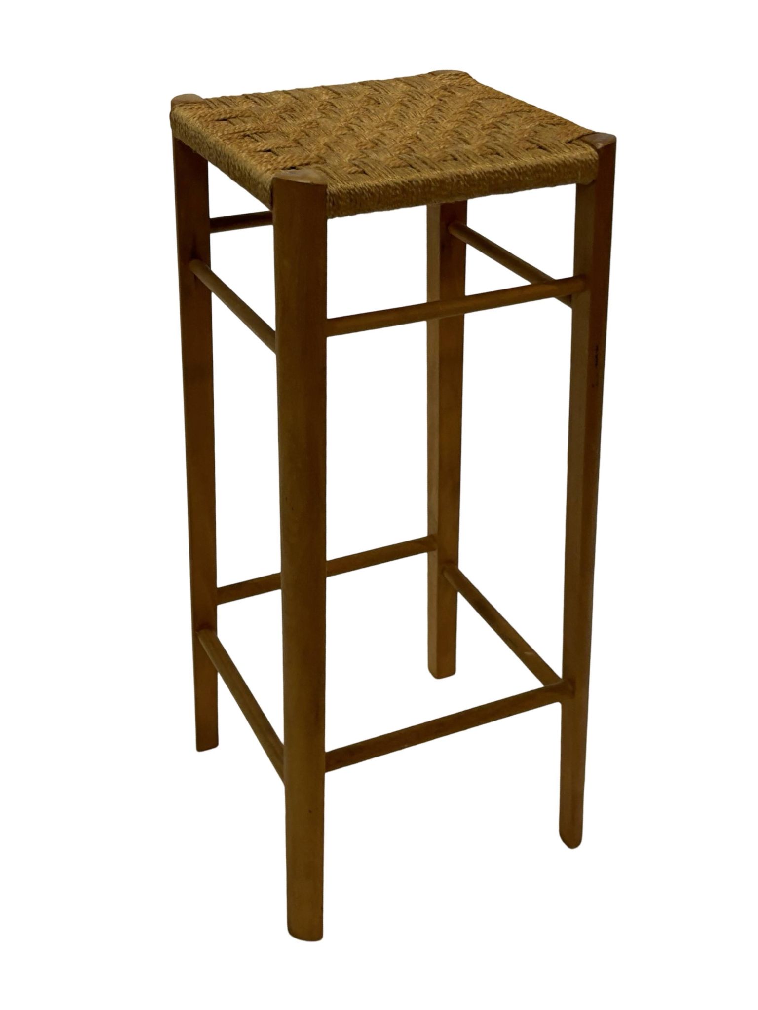 Tabouret vintage années 60 en chêne avec assise tressée