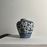 Blue and white Portuguese handmade vase with stylized pastoral pattern H:12,5cm