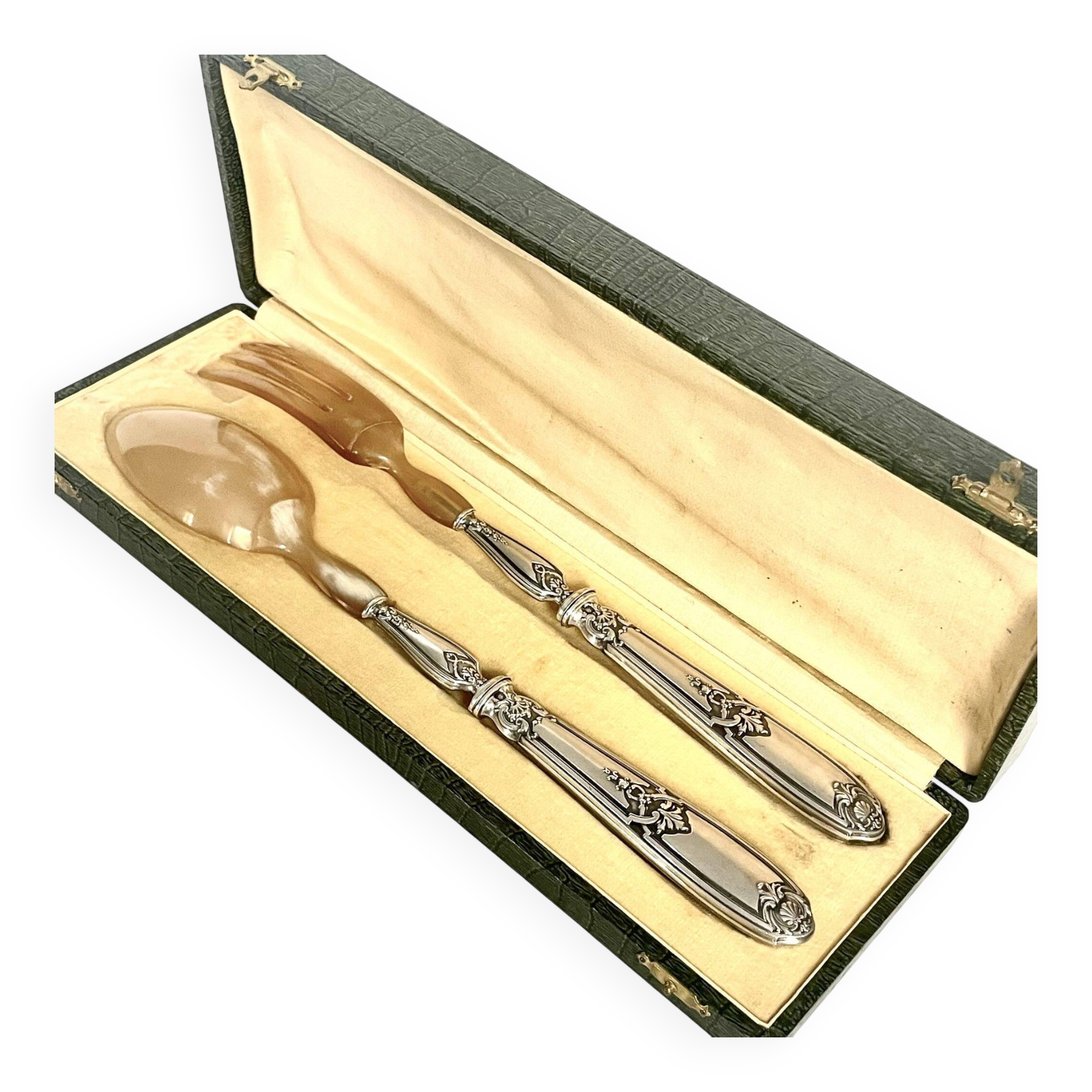 2 silver and horn salad servers