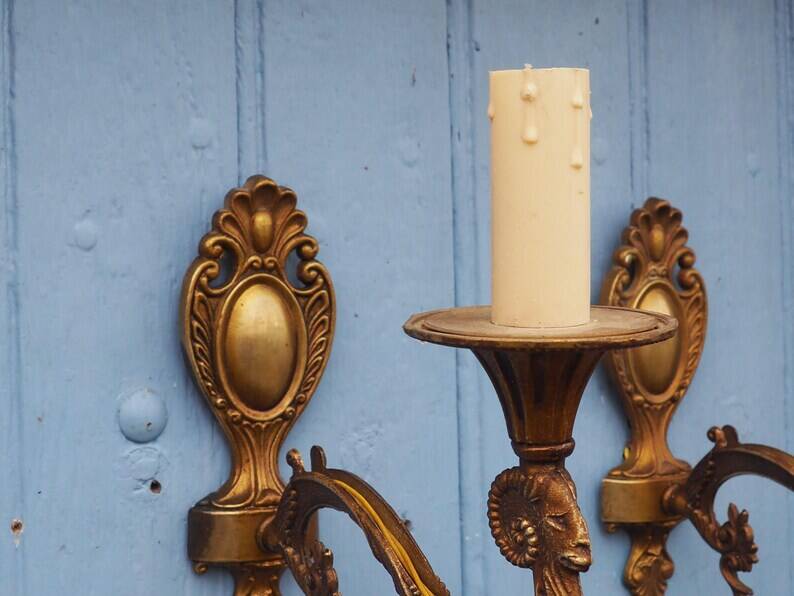 Vintage Rams Head French Bronze Wall Sconces Wall Lights C1930s Pair