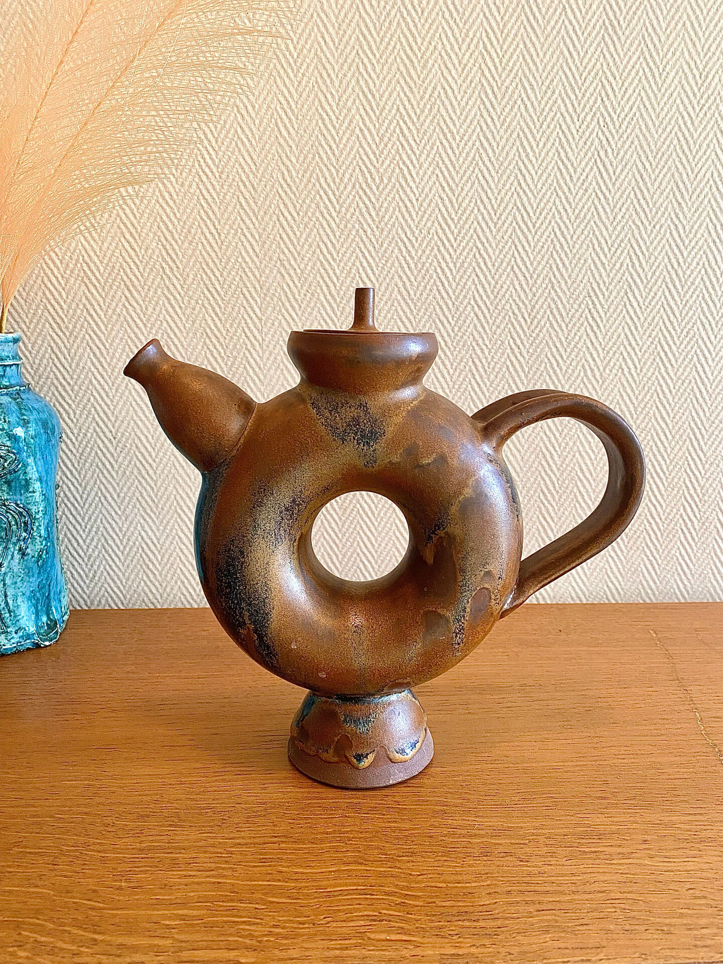 Glazed stoneware sculptural teapot signed