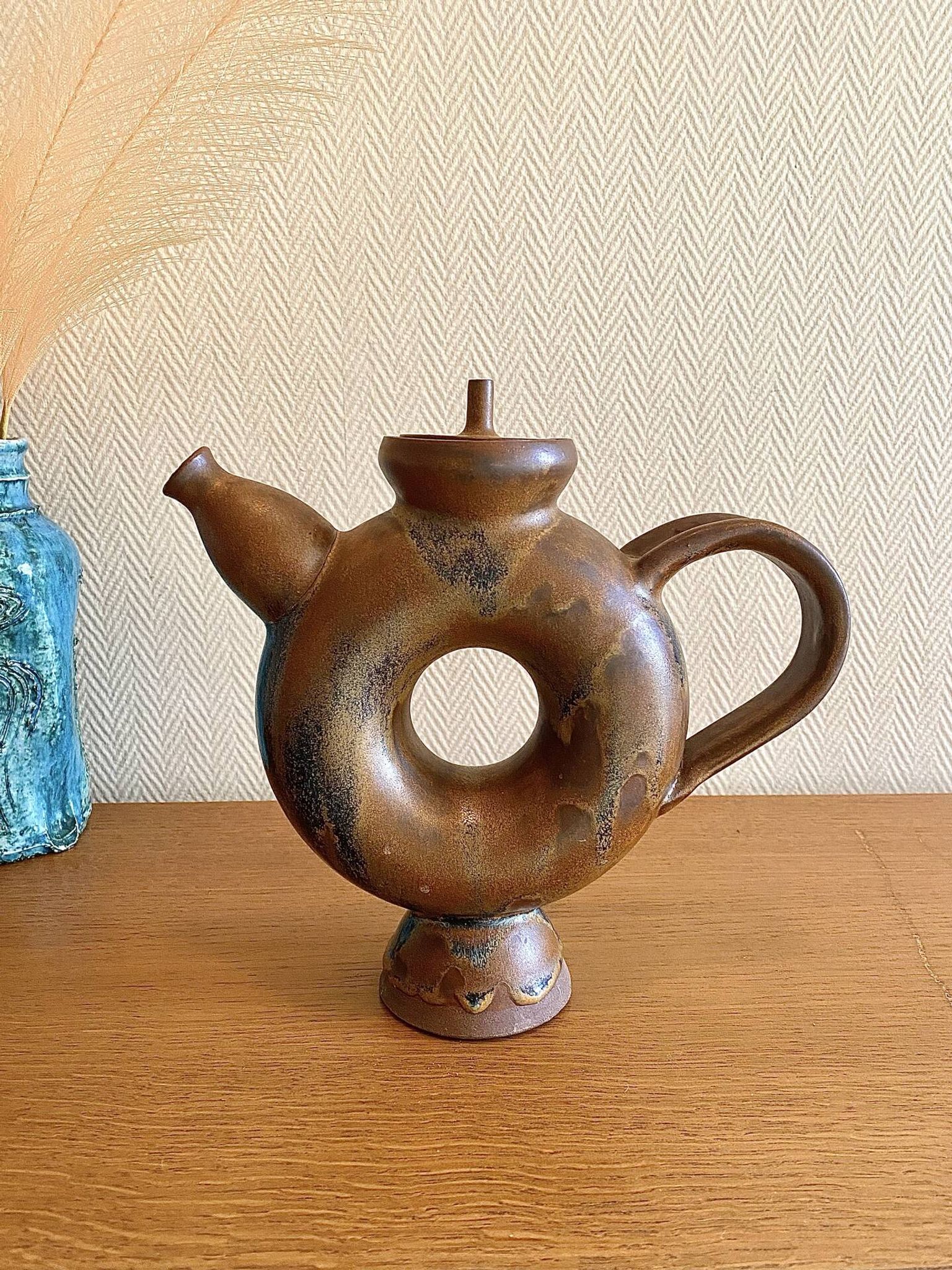 Glazed stoneware sculptural teapot signed
