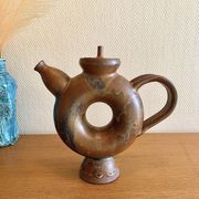 Glazed stoneware sculptural teapot signed