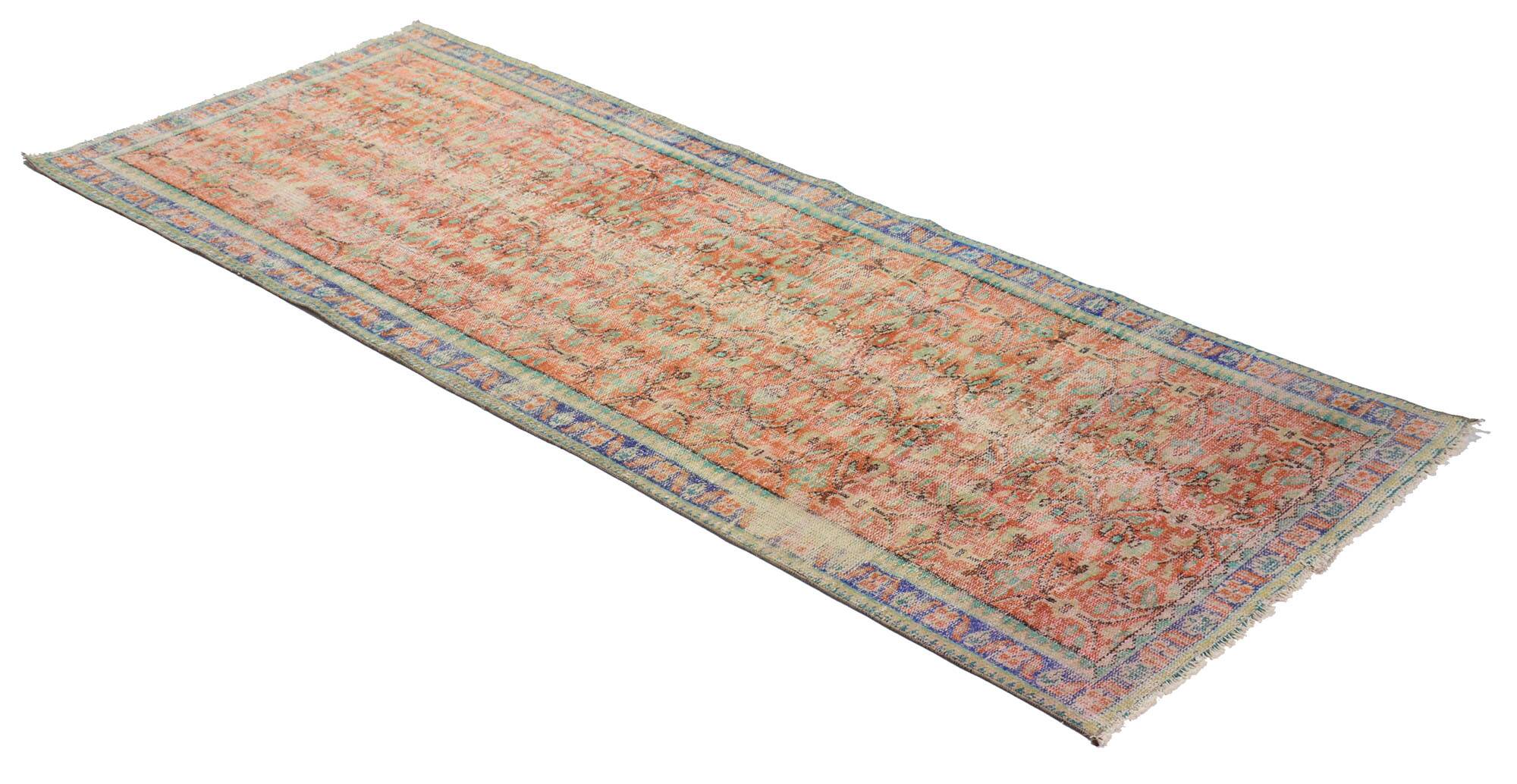 Tapis Oushak Ancien en Longueur – Couleurs Terre & Bleu, 104 x 260 cm