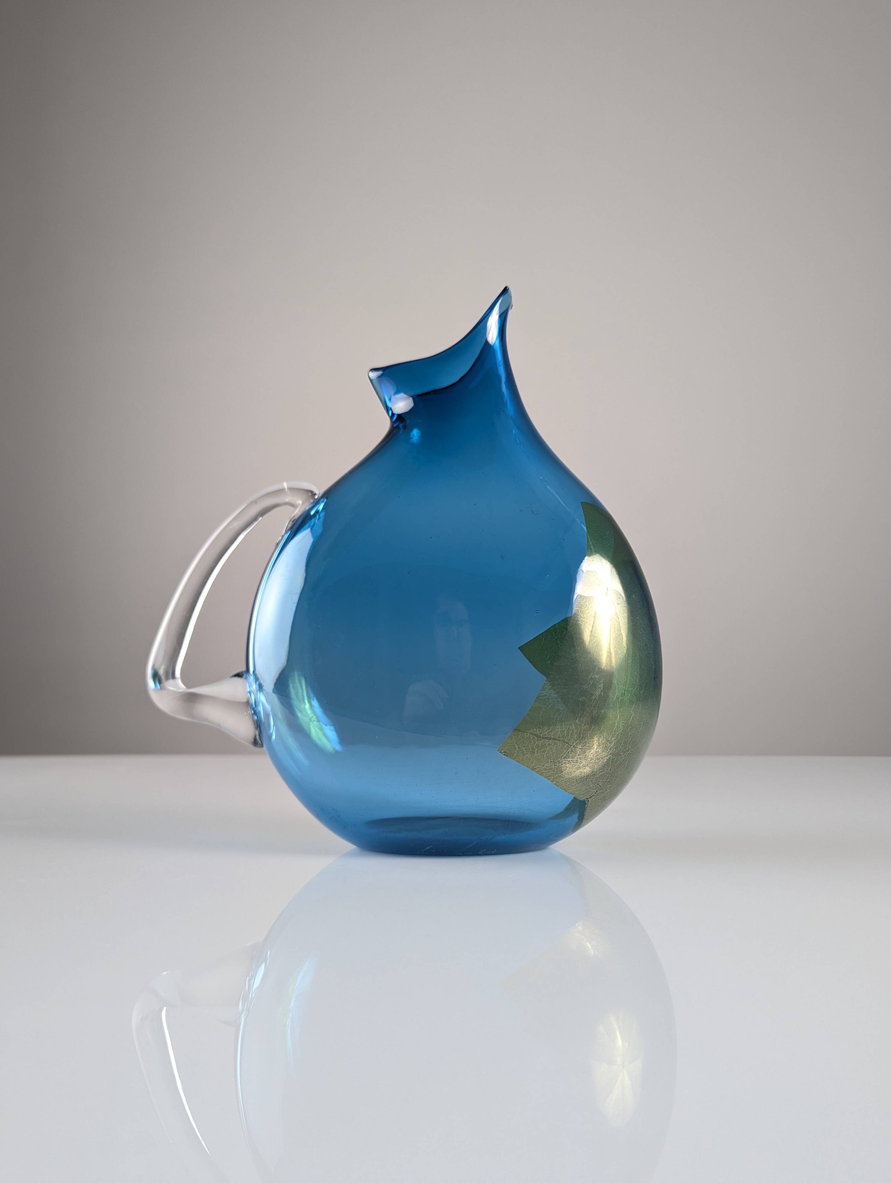 Unique Hand-Blown Glass Jug Signed by 20th Century Artisan – Vibrant Blue