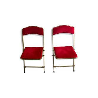 Set of 2 folding opera chairs in red velvet and brass