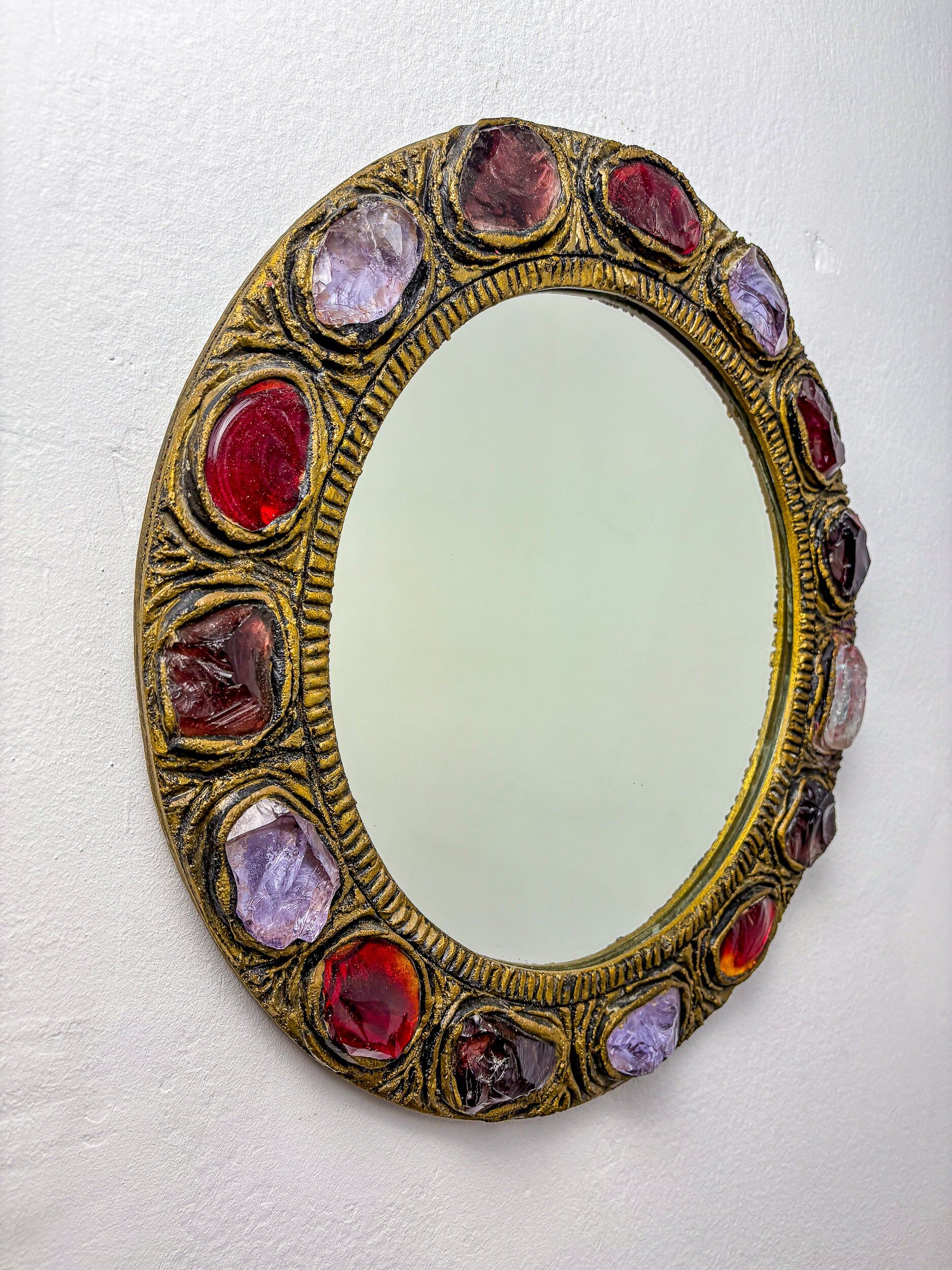 Italian mid-century mirror by Creaciones Gobesso, red & purple Murano rock crystals, 1960s