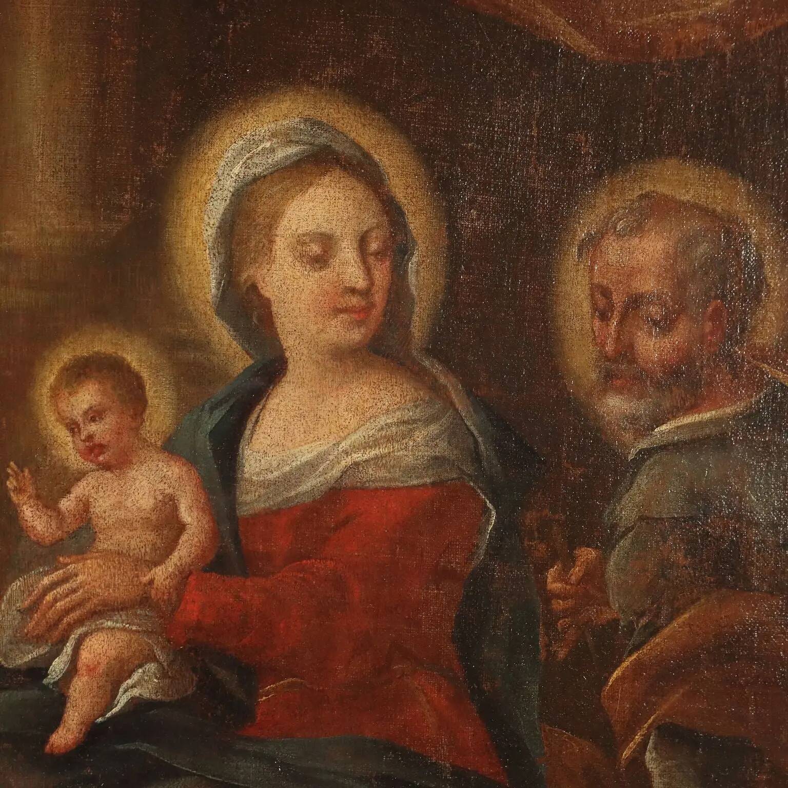 The Holy Family with saints, old painting from the 17th-18th century.