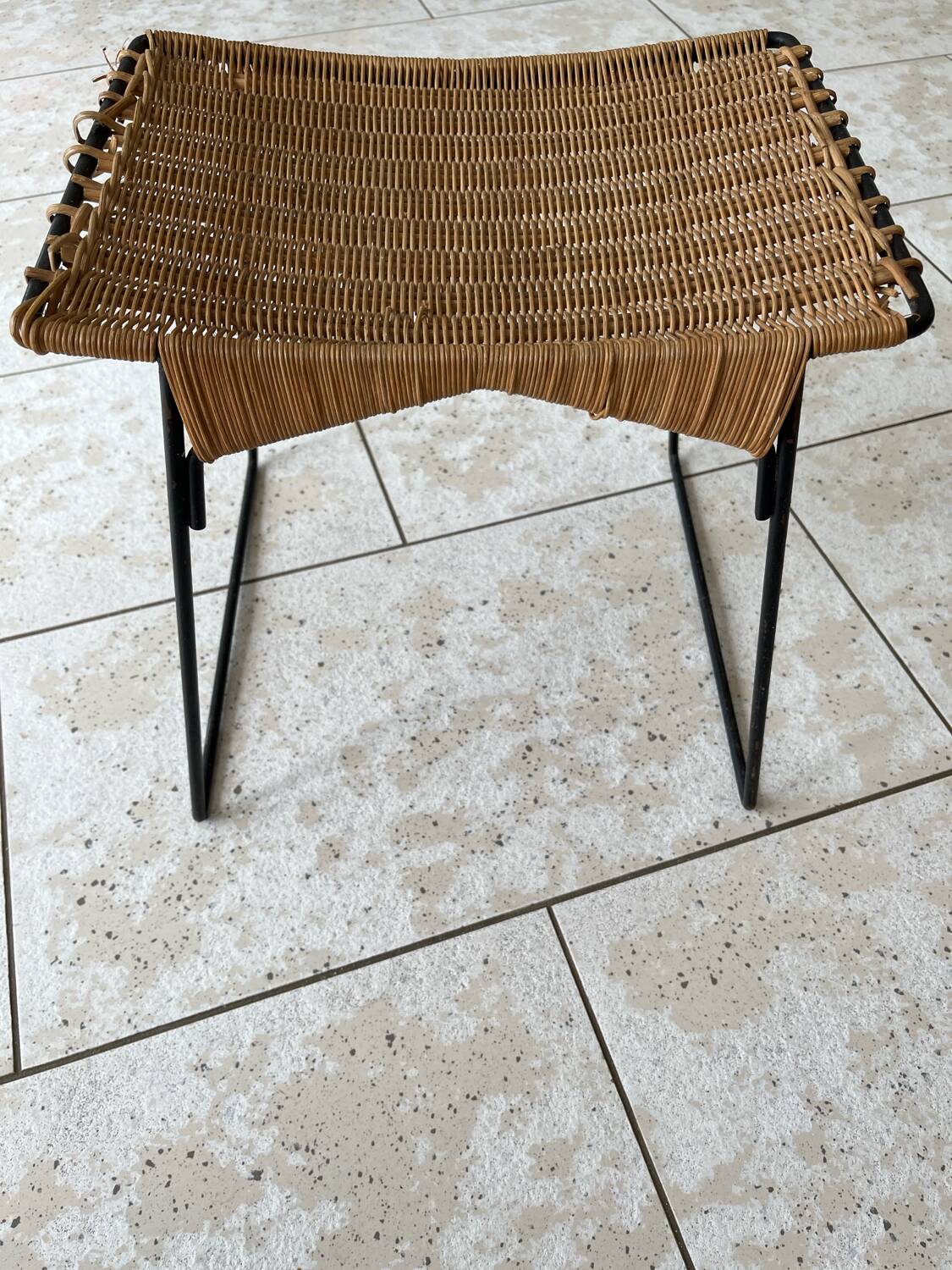 Vintage rattan and steel stool by Raoul Guys for Airborne, 1950s