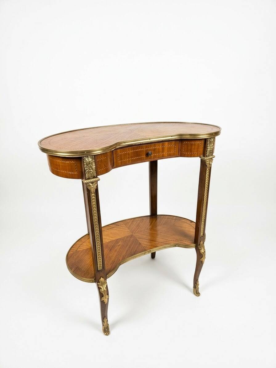 Kidney-shaped bedside table in Louis XV style with marquetry.