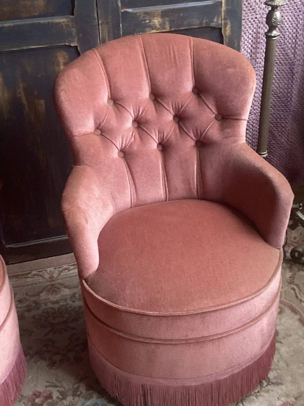 Pair of small vintage upholstered toadstool armchairs in old rose velvet – 1960s
