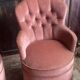 Pair of small vintage upholstered toadstool armchairs in old rose velvet – 1960s