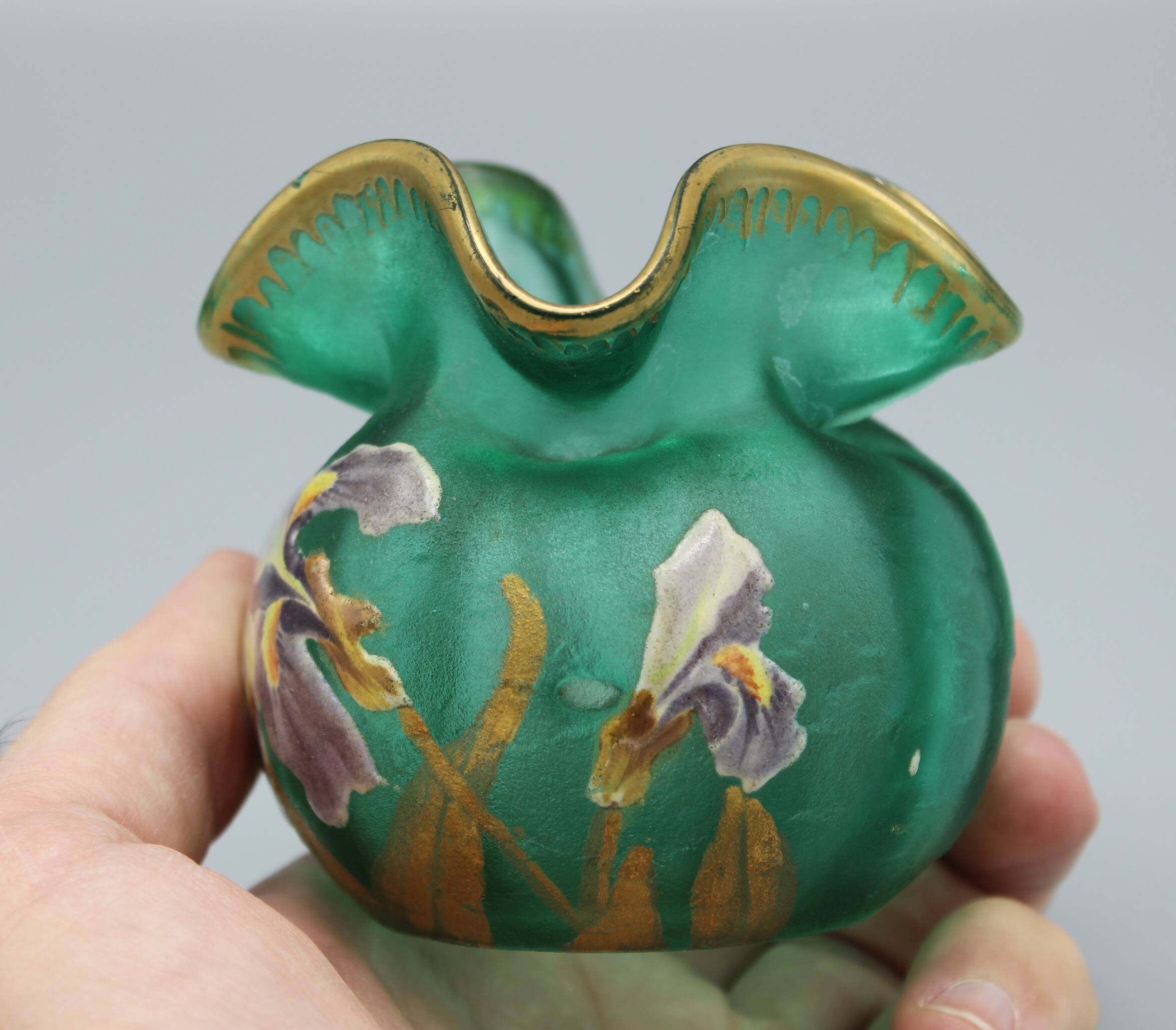 old small frosted glass ball vase floral art nouveau decor legras mont