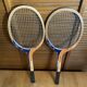 Pair of vintage wooden tennis rackets for cadet junior sport courier