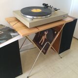Vintage gilded metal side table with magazines/vinyl records and original wooden top