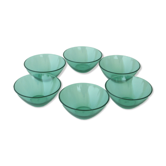 6 vintage huilor advertising bowls in green glass