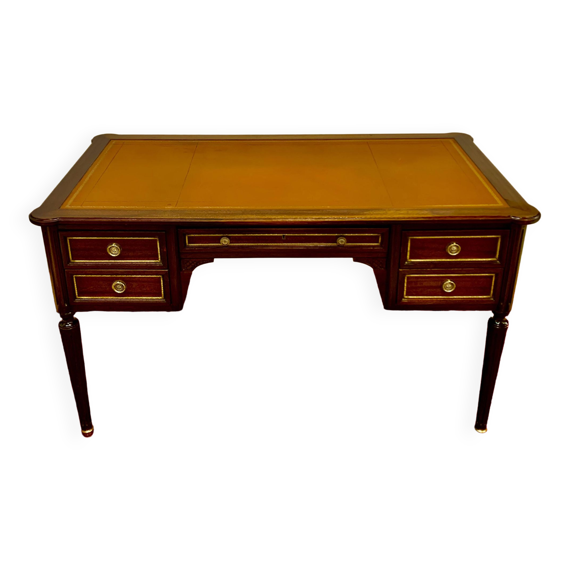 Louis XVI style desk, mahogany, tan leather