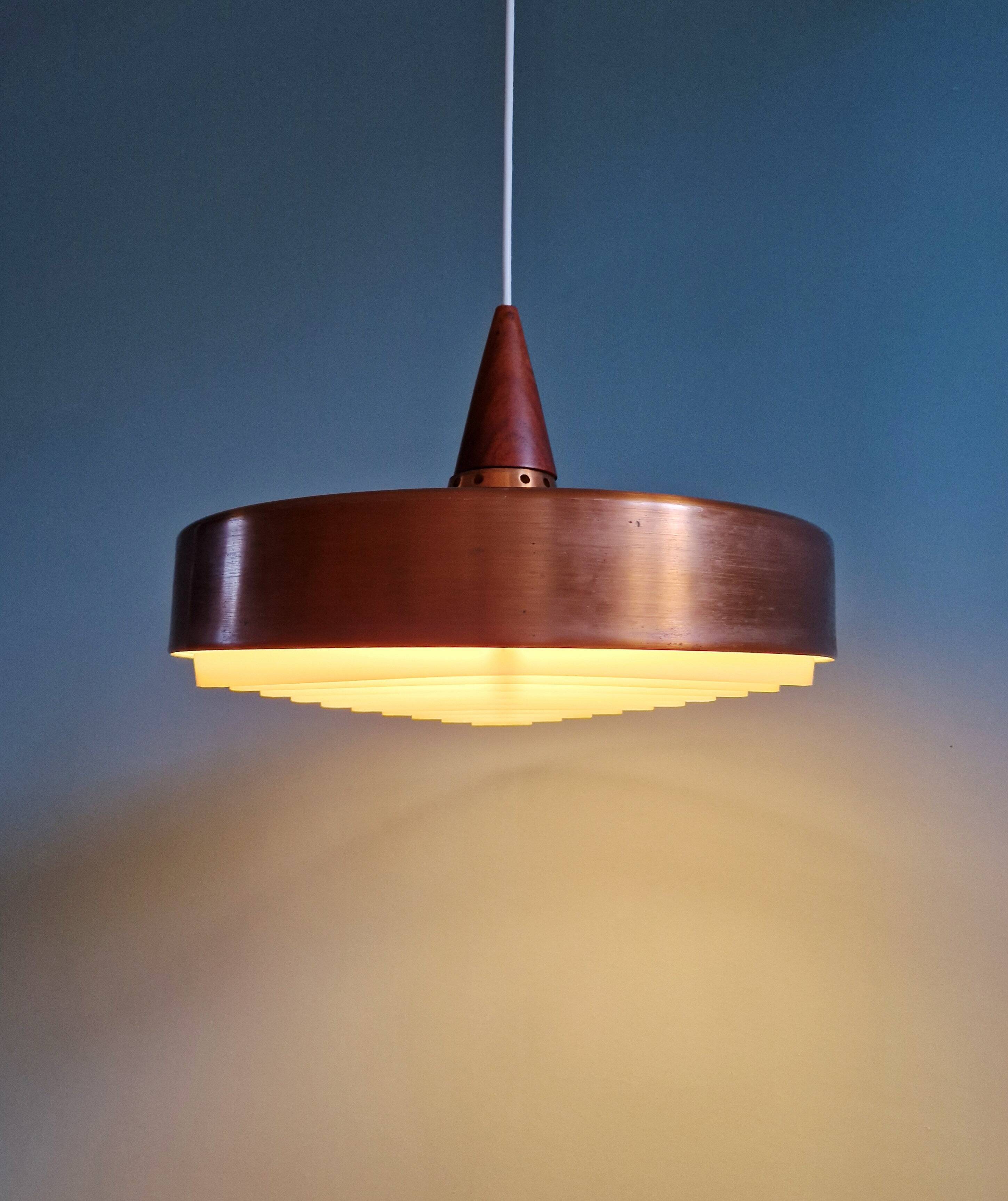 Scandinavian pendant light in copper and teak, 1960s