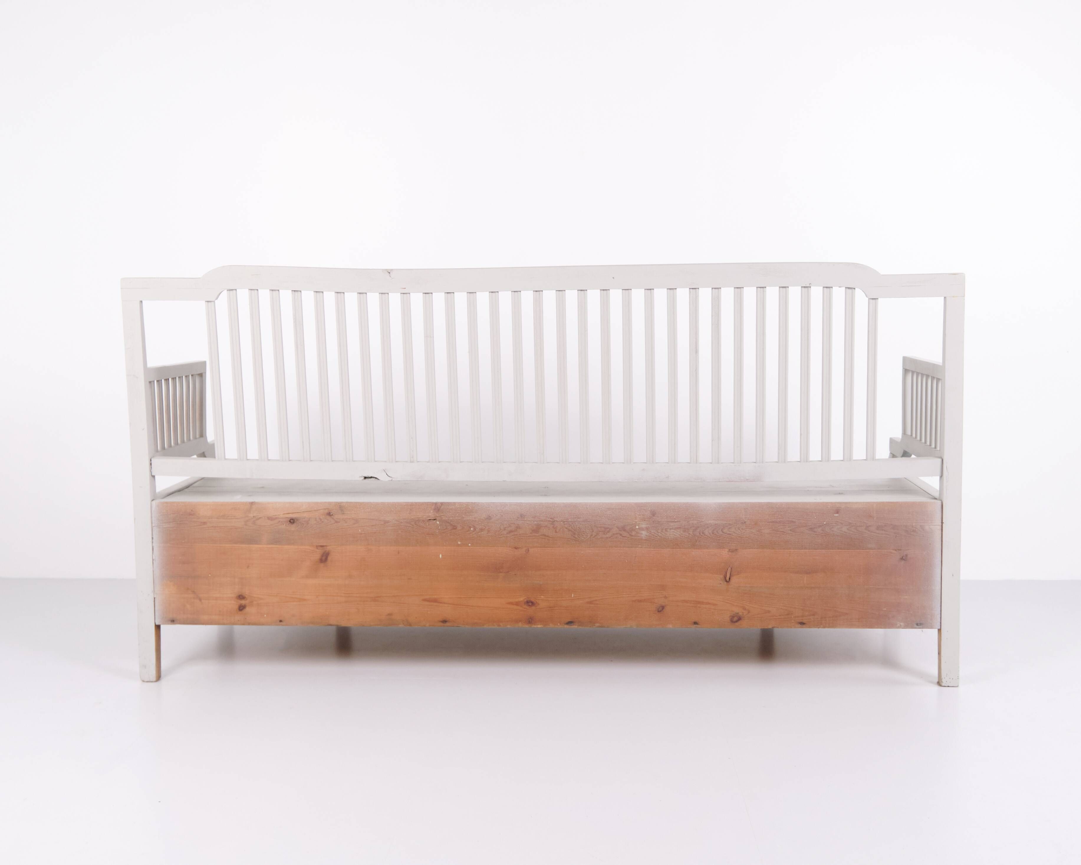 Antique storage bench with high back – grey painted – pine wood – 1860s